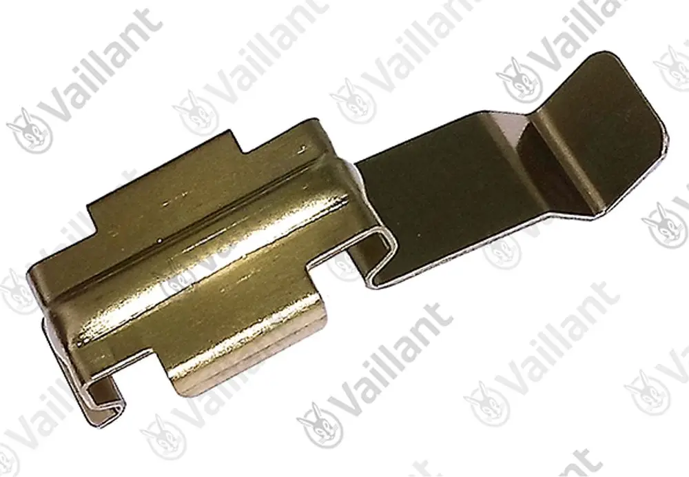 Metallische Klemmfeder von Vaillant, geformt mit einem gebogenen Ende und einer Halterung, zur Sicherung von Komponenten in Heizsystemen.
